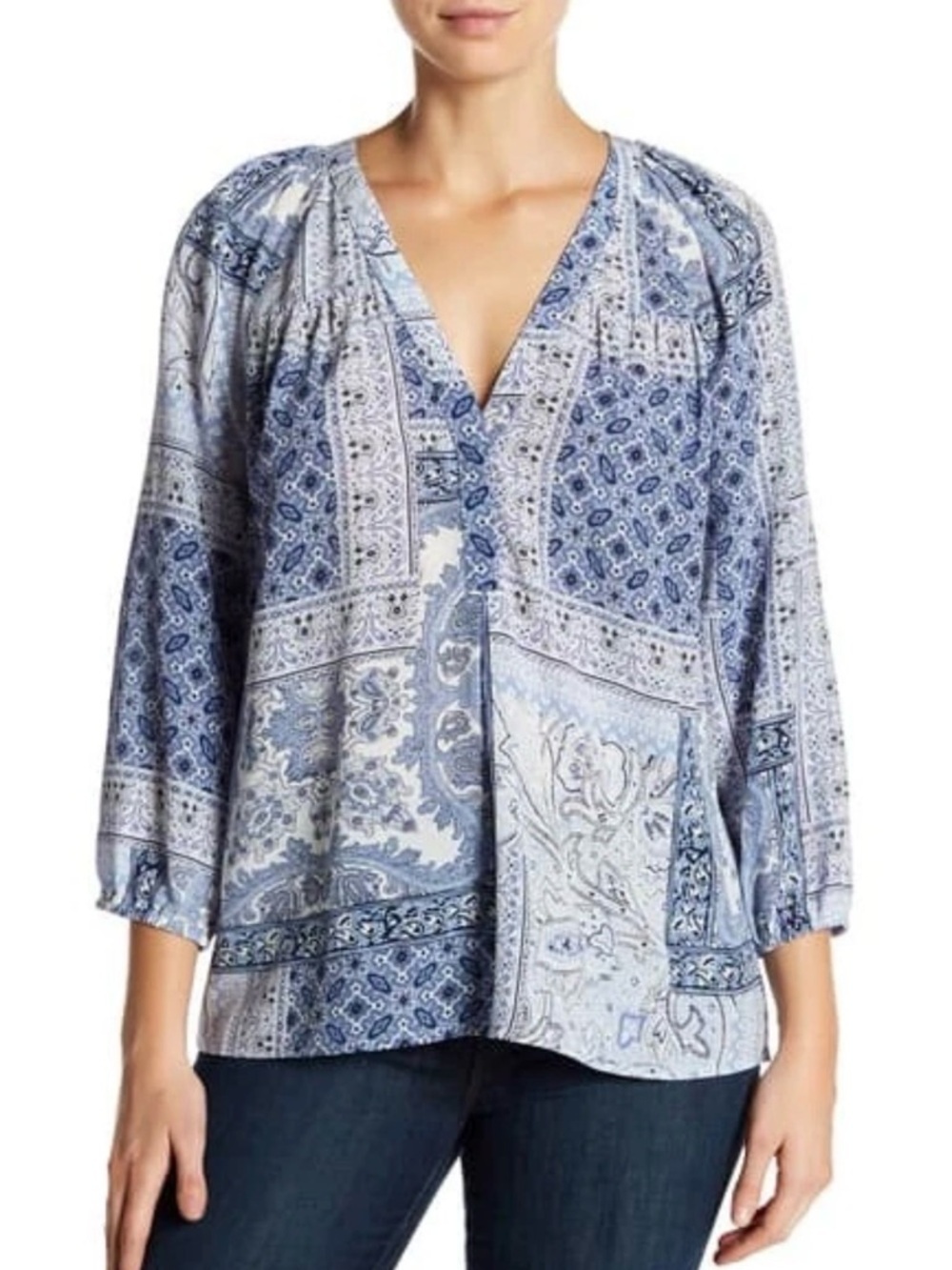 Joie "Sonoma" 100% Silk Blue XS Patchwork Blouse -